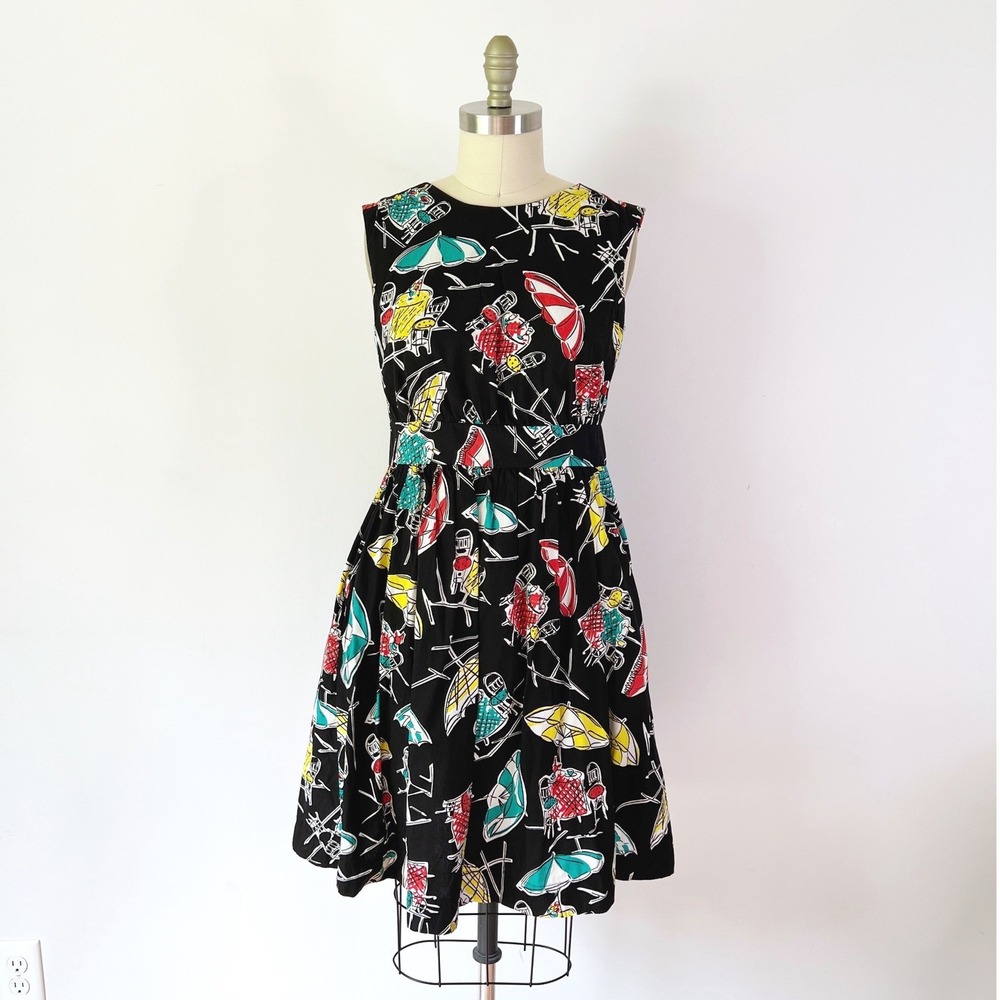Emily‎ and Fin Lucy Street Cafe Print Modcloth Novelty Cotton Dress Sleeveless M
